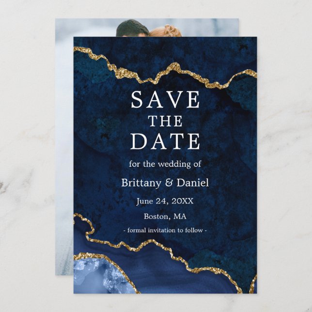 Reserva La Fecha Foto de geoda de ágata de mármol de acuarela azul  (Anverso / Reverso)