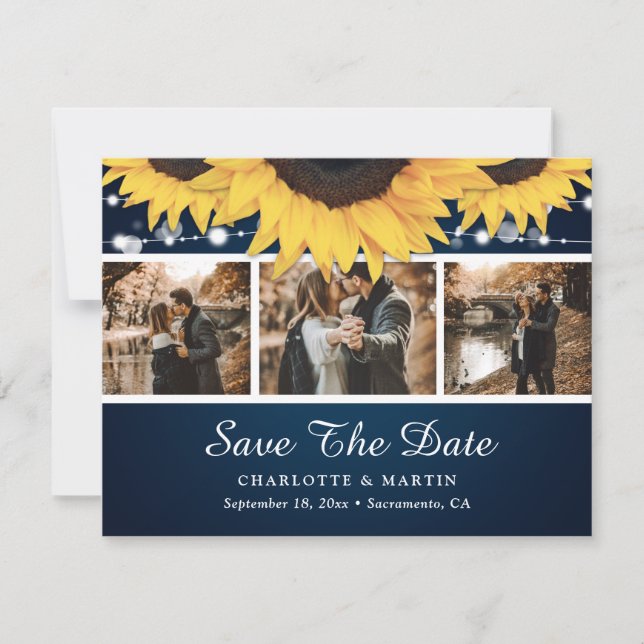 Reserva La Fecha Foto De Girasol De La Navy Blue Lace Save The Date (Anverso)
