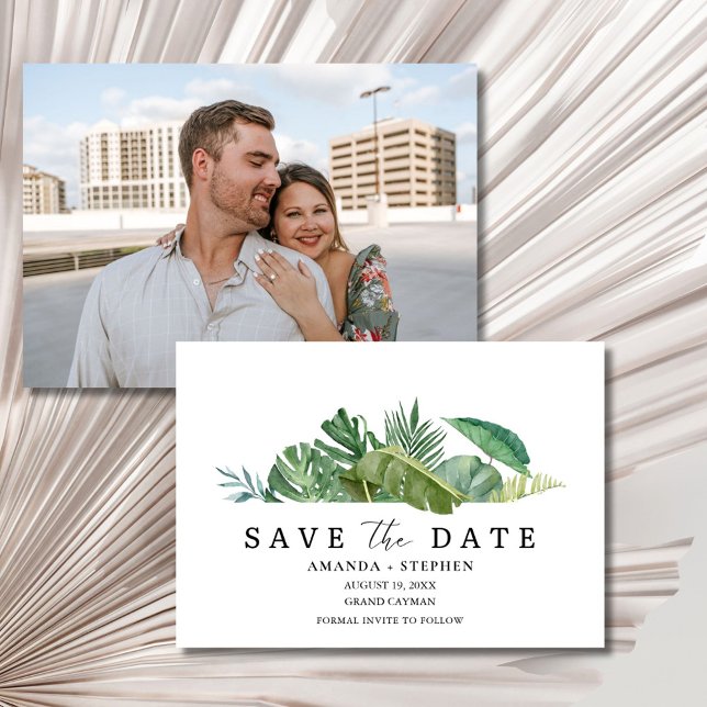 Reserva La Fecha Foto de hoja tropical de la boda de playa Guardar  (Tropical Leaf Photo Beach Wedding Save the Date )