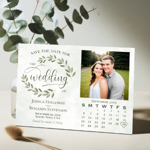 Reserva La Fecha Foto de hojas verdes salvia y calendario boda rúst