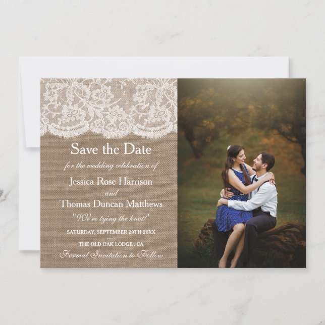 Reserva La Fecha Foto de la colección de Bodas Burlap & Lace (Anverso)