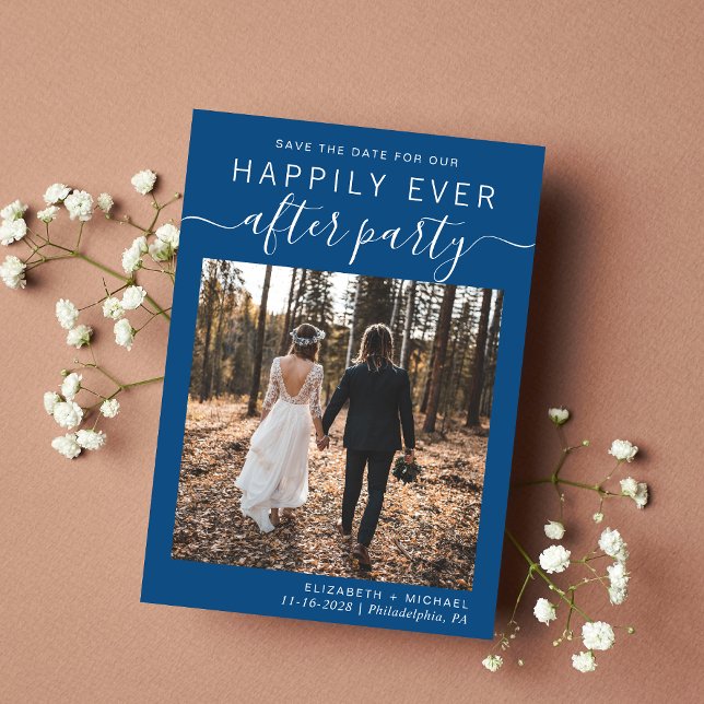 Reserva La Fecha Foto de la recepción de bodas azul (A stylish save the date announcement for a reception to celebrate your elopement or private wedding)