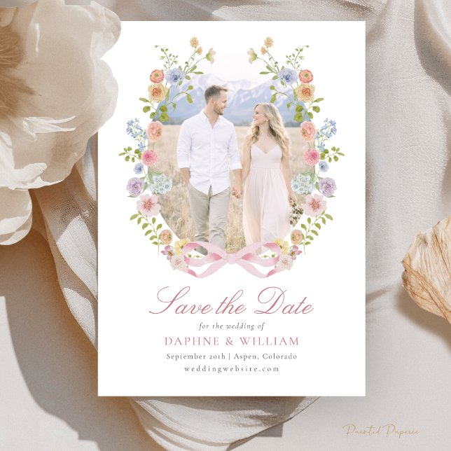 Reserva La Fecha Foto de lazos y flores silvestres (Bows and Wildflowers Photo Save The Date
)