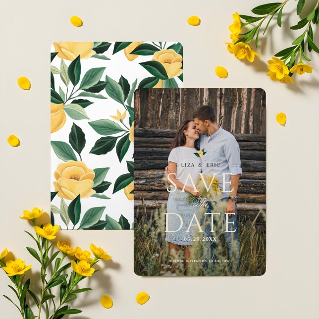 Reserva La Fecha Foto de matrimonio elegante de árbol floral con fl (Lemon Blossom Floral Tree Elegant Wedding Photo Save The Date)