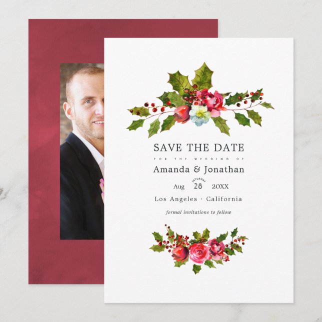 Reserva La Fecha Foto de Navidad de Boda con Acebo (Anverso / Reverso)