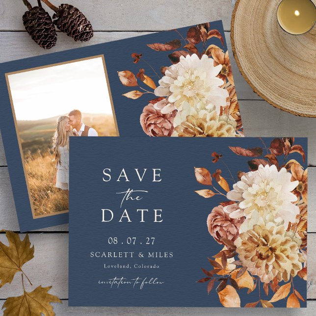 Reserva La Fecha Foto de Navy Fall (Watercolor Navy Blue Autumn Floral with Photo Save The Date by Painted Paperie
)