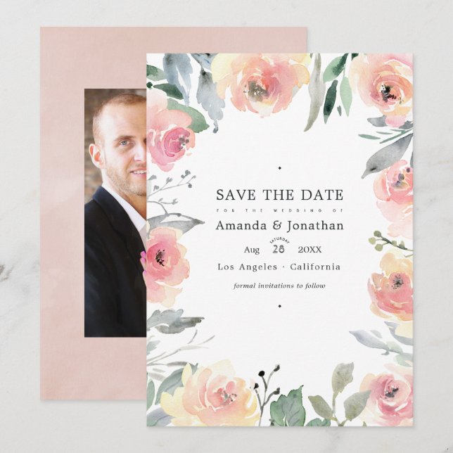 Reserva La Fecha Foto de Pastel Rubor Boda Floral Rosa (Anverso / Reverso)