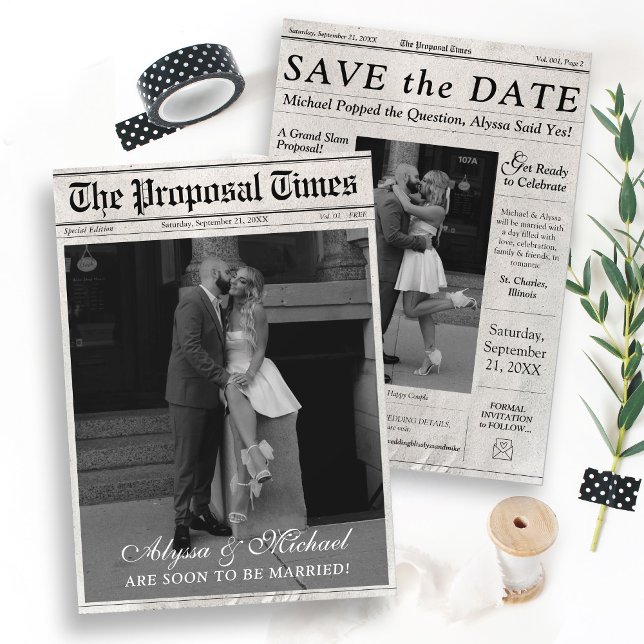 Reserva La Fecha Foto De Periódico Moderno, The Propuesta Times De  (Trendy The Proposal Times Newspaper Style double sided black and white photo wedding save the date)