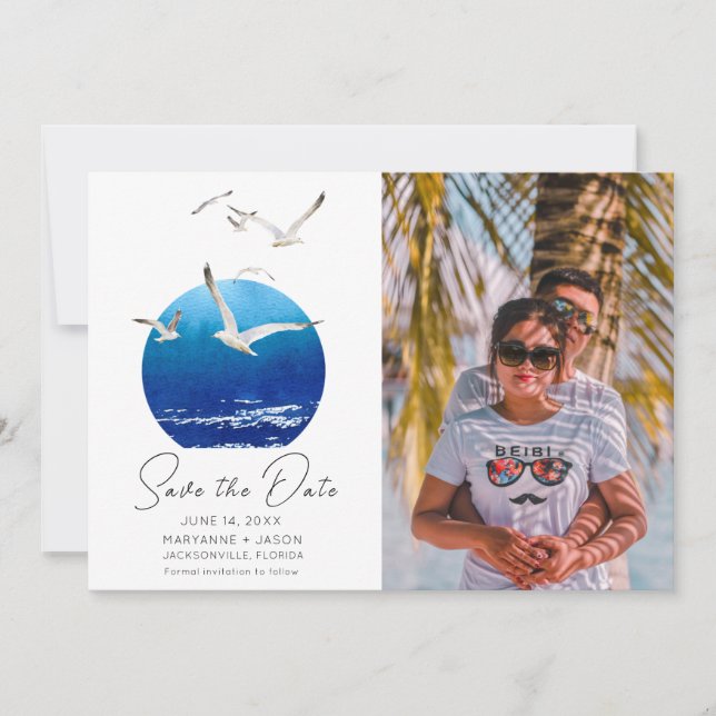 Reserva La Fecha Foto de playa Boda costera Save The Date (Anverso)