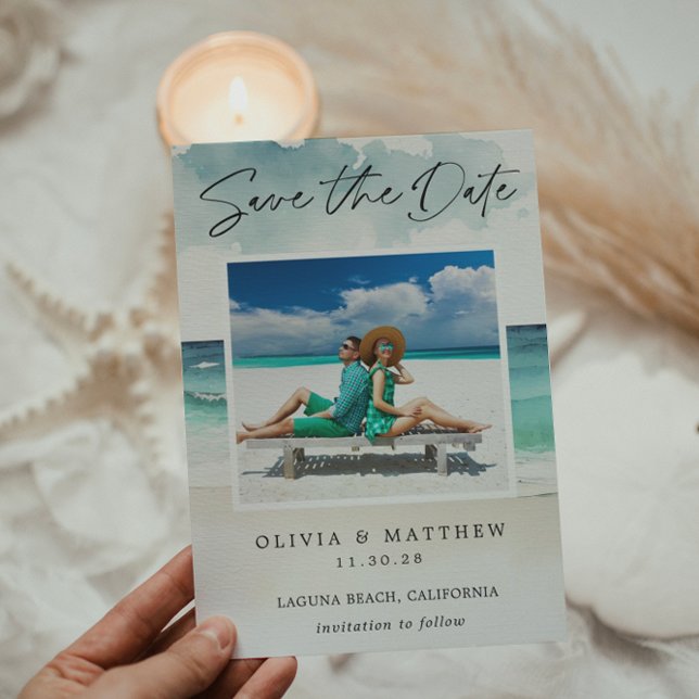 Reserva La Fecha Foto de Playa Oceánica con Acuarela Moderna para S (Subido por el creador)