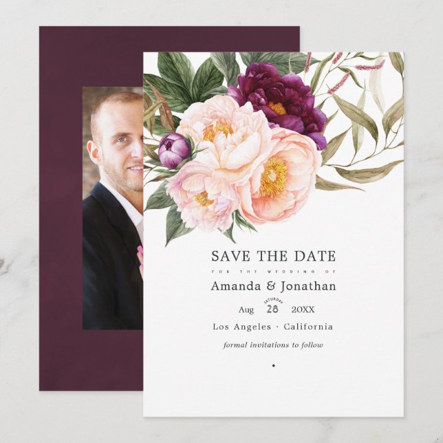 Reserva La Fecha Foto de Plum and Peach Floral Boda (Anverso / Reverso)