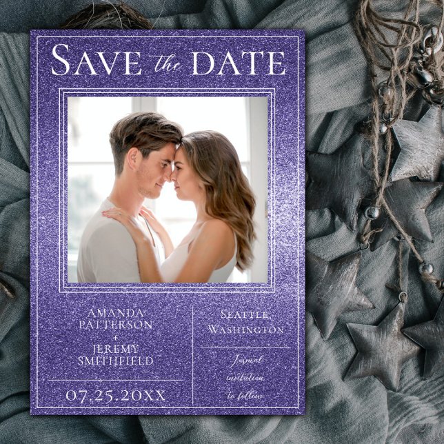 Reserva La Fecha Foto de Purpurina púrpura Guardar la fecha (Purple Glitter Photo Save The Date)