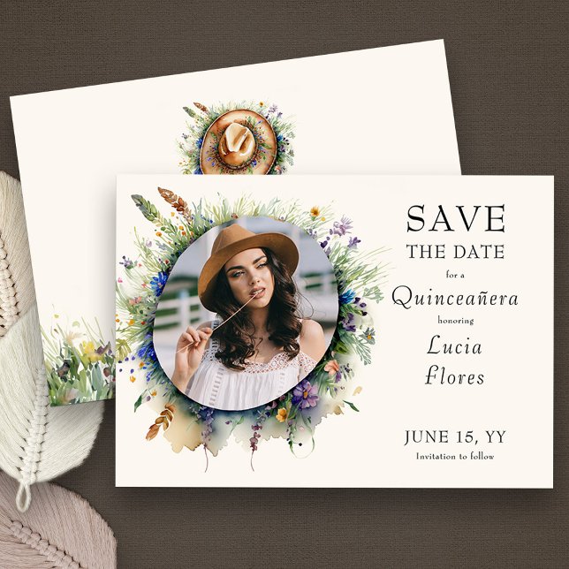 Reserva La Fecha Foto de Quinceanera de Flora Silvestre (Quinceanera Photo Save the Date from my Wildflower Cowgirl Hat Quinceanera Collection
)