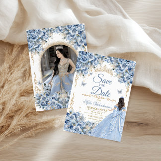 Reserva La Fecha Foto de Quinceañera Princesa Baby Blue Gold