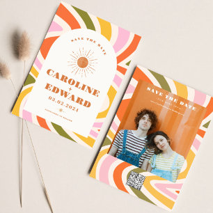 Reserva La Fecha Foto de Rainbow Wavy Groovy Save the Date Qr Code