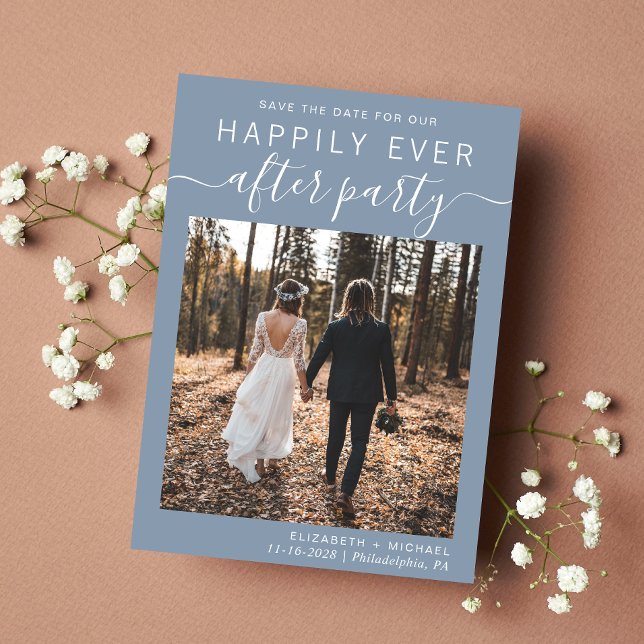 Reserva La Fecha Foto de recepción de boda Dusty Blue (A chic save the date announcement for a reception to celebrate your elopement or private wedding)