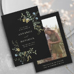 Reserva La Fecha Foto del Boda Black Delicate Wildflower Boho<br><div class="desc">Esta elegante boda, salvo la tarjeta de fecha, incluye acuarelas pintadas a mano con flores silvestres de color amarillo mantequilla, verde sabio, verde polvoriento y azul claro con una foto y más información en la parte posterior. Para una personalización más avanzada de este diseño, haga clic en el BOTÓN HERRAMIENTA...</div>