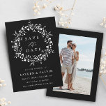 Reserva La Fecha Foto del Boda de Boho Wildflower Moderno y Negro<br><div class="desc">Esta elegante boda,  salvo la tarjeta de fecha,  incluye una corona de silueta de flores silvestres con tu foto en la parte posterior. Para una personalización más avanzada de este diseño,  haga clic en el BOTÓN HERRAMIENTA DE DISEÑO AZUL de arriba.</div>