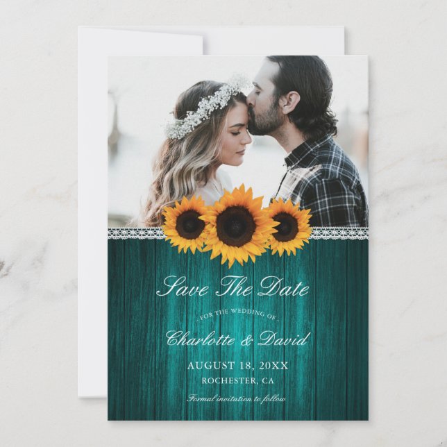 Reserva La Fecha Foto del Boda de girasol de madera verde azulada (Anverso)