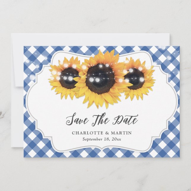 Reserva La Fecha Foto del Boda de girasol ruso de Gingham azul (Anverso)