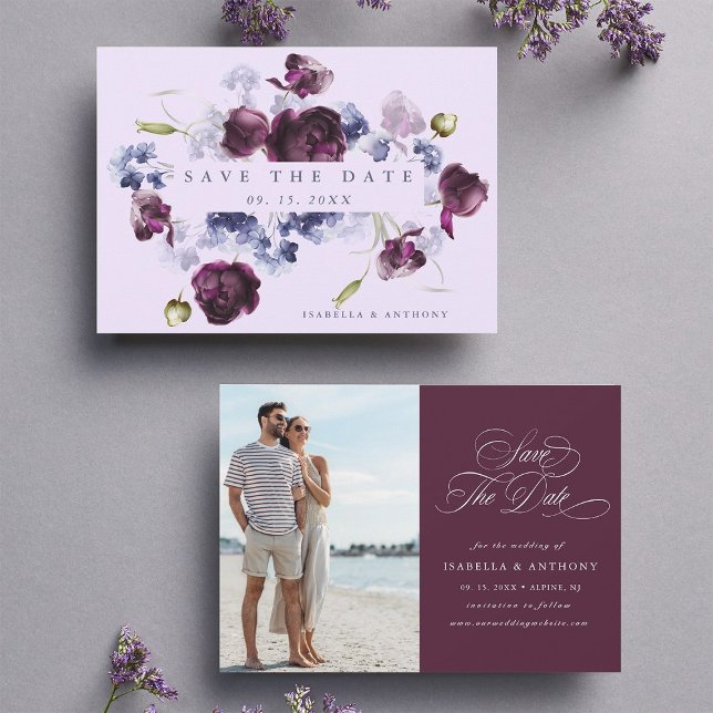 Reserva La Fecha Foto del Boda floral azul ciruela púrpura e índigo (Front & Back)