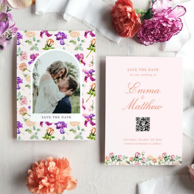 Reserva La Fecha Foto del Jardín Rústico del Boho (Photo save the date card with watercolor flowers at the front and classic script + QR code at back)
