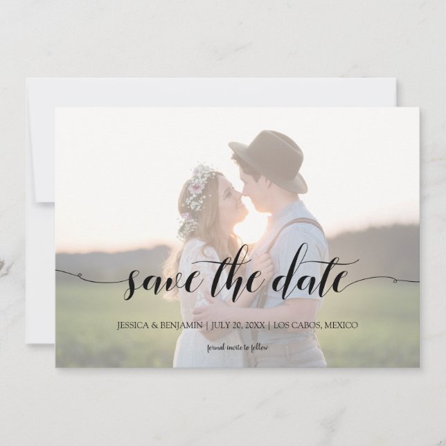 Reserva La Fecha Foto desvanecida de boda con letra de caligrafía m (Anverso)