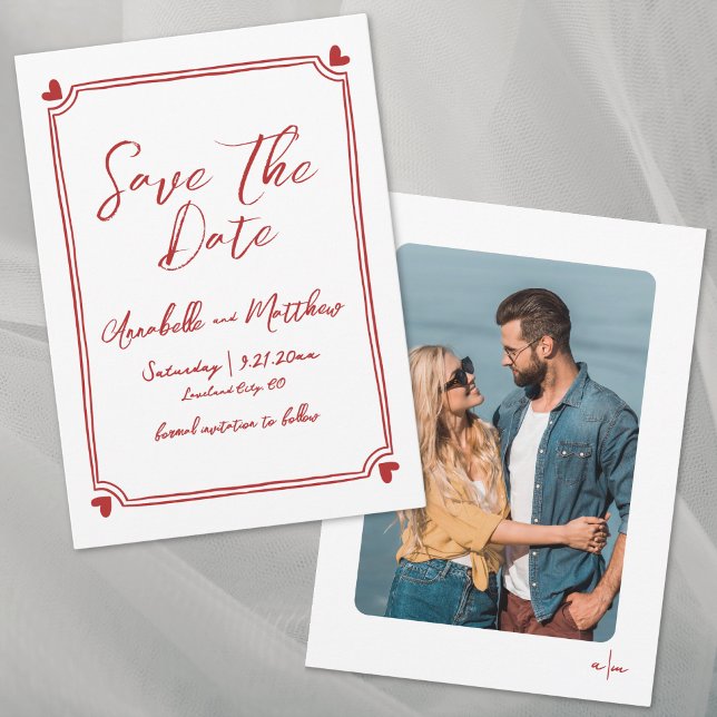 Reserva La Fecha Foto Dibujada a Mano Caprichosa Simple Boda Roja (Hand Drawn Photo Whimsical Simple Red Wedding Save the Date)