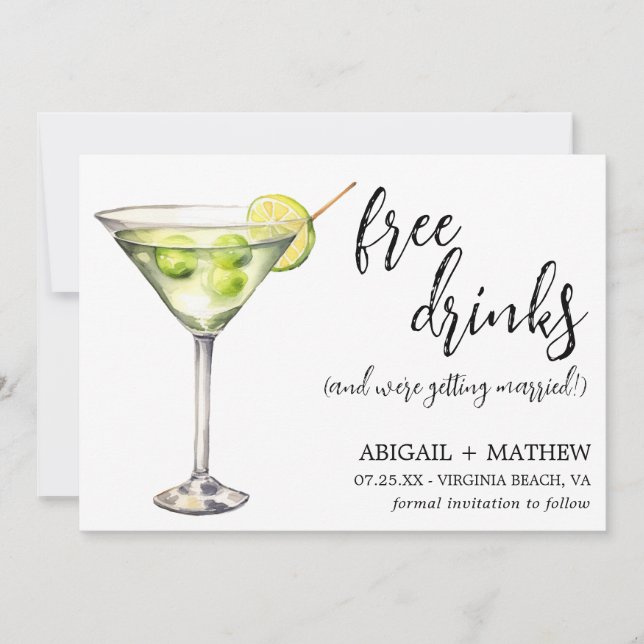 Reserva La Fecha Foto divertida de cóctel clásico Martini para boda (Anverso)