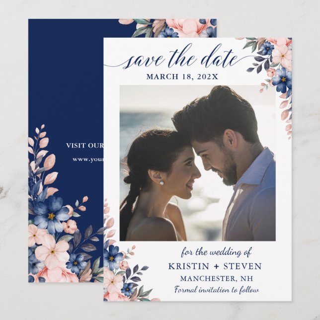 Reserva La Fecha Foto Floral azul de la Marina Peach Save the Date  (Anverso / Reverso)