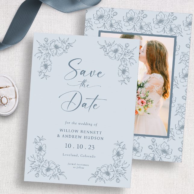 Reserva La Fecha Foto Floral Azul Guardar la fecha (Blue Floral Photo Save The Date
)