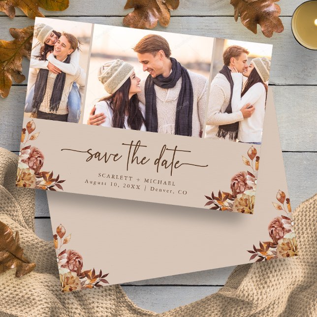 Reserva La Fecha Foto floral de otoño en taupe (Elegant Taupe Autumn Floral Photo Save The Date Card by Painted Paperie
)