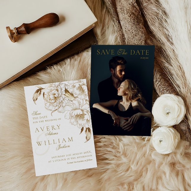 Reserva La Fecha Foto Floral Peonies White Golden Elegant Wedding (Subido por el creador)