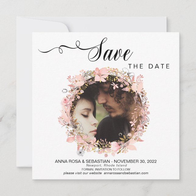 Reserva La Fecha *~* FOTO Floral Wreath Boda Gold Save The Date (Anverso)