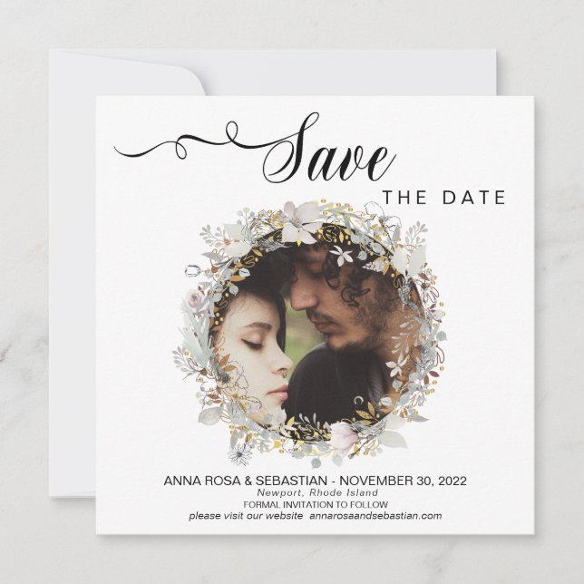 Reserva La Fecha *~* FOTO Floral Wreath Gold Wedding Salva La Fecha (Anverso)