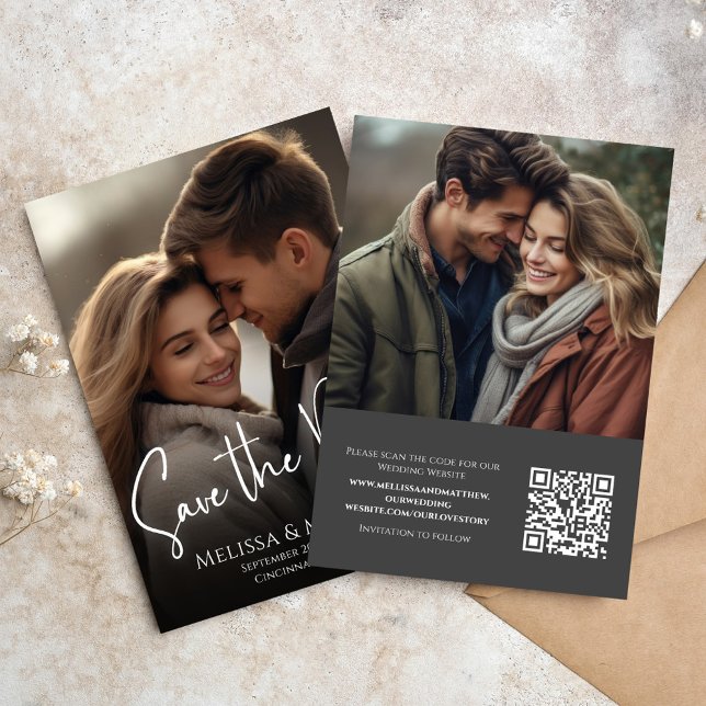 Reserva La Fecha Foto Guardar caligrafía elegante de fecha (Wedding save the date photo card with QR code and a two photo template. )