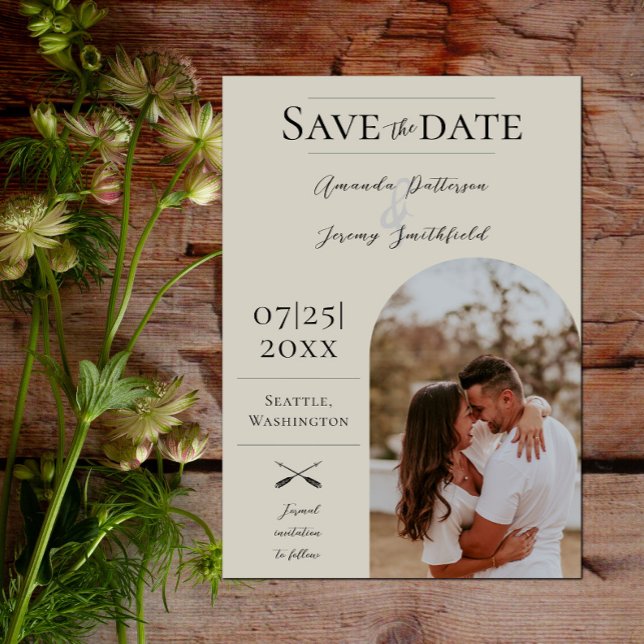 Reserva La Fecha Foto moderna de Boho Arch | Beige Guardar la fecha (Modern Arch Photo Save the Date - Beige)