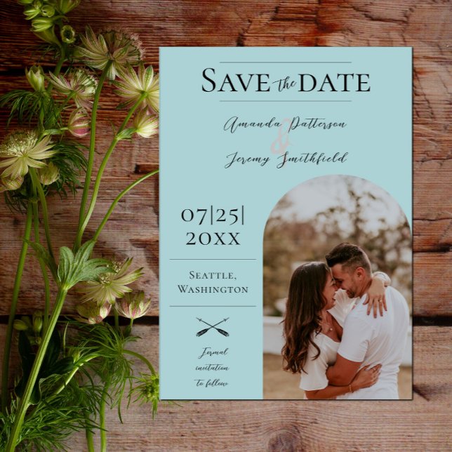 Reserva La Fecha Foto moderna de Boho Arch | Guardar la fecha verde (Modern Arch Photo Save the Date - Teal)