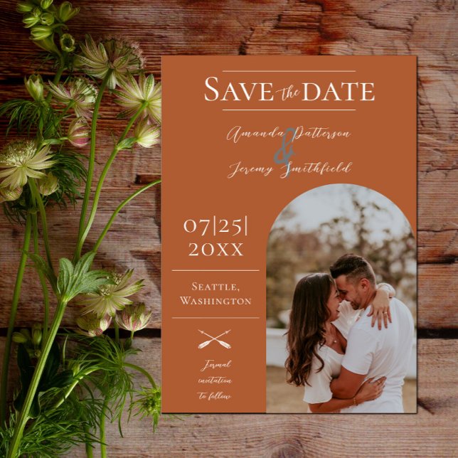 Reserva La Fecha Foto moderna de Boho Arch | Naranja (Modern Arch Photo Save the Date - Burnt Orange)