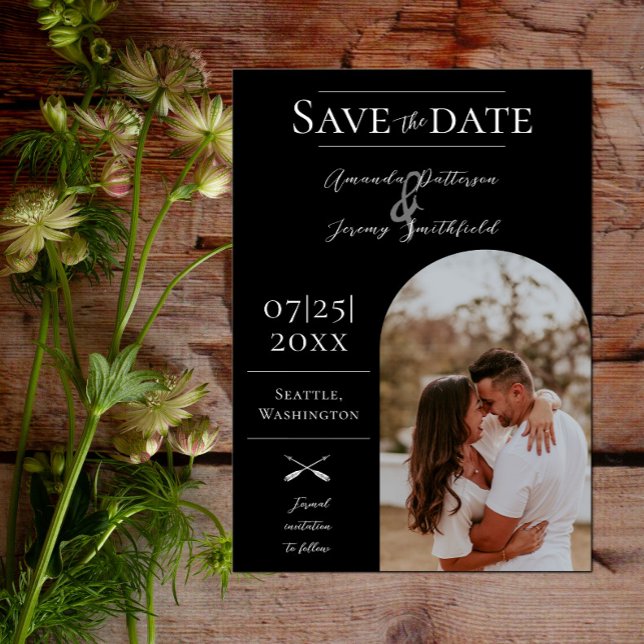 Reserva La Fecha Foto moderna de Boho Arch | Negro Guardar la fecha (Modern Arch Photo Save the Date - Black)