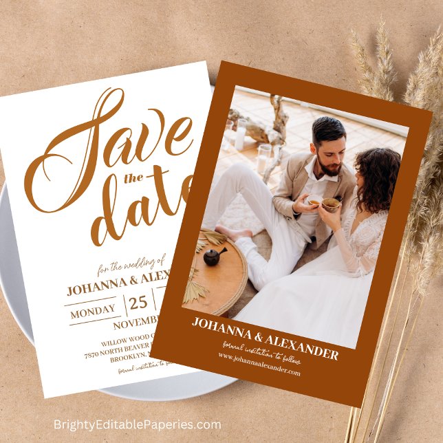Reserva La Fecha Foto moderna de Terracota Boho Pampas Boda de Gras (Experience the Charm of Pampas Grass with Our Modern Terracotta Boho Wedding Invitations.)