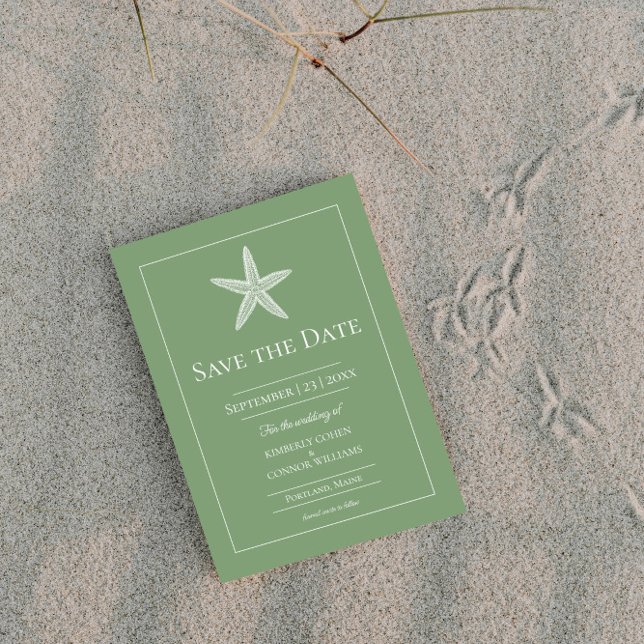 Reserva La Fecha Foto Monograma de Estrella de Mar Verde Musgo (Moss Green Starfish Monogram Photo Save the Date)
