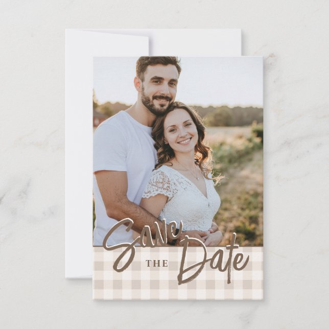 Reserva La Fecha Foto personalizada con Save The Date de gingham be (Anverso)