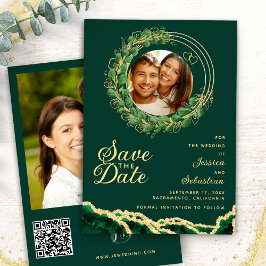 Reserva La Fecha Foto personalizado Emerald Green y Gold Elegant
