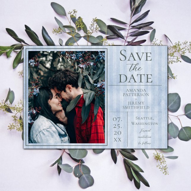 Reserva La Fecha Foto rayada de la época azul Guardar la fecha (Blue Vintage Striped Photo Save the Date)