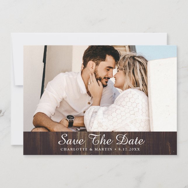 Reserva La Fecha Foto Rustic Barn Wood Boda Save The Date Cards (Anverso)