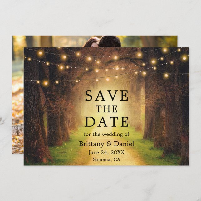 Reserva La Fecha Foto Rustic Forest Path Boda String Lights (Anverso / Reverso)