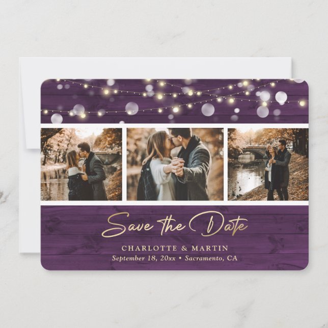 Reserva La Fecha Foto Rustic Purple Wood Boda Save the Date (Anverso)
