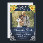 Reserva La Fecha Foto Rustic Sunflower Floral Blue Wood<br><div class="desc">Rustic Blue Wood String Luces Acuarela Floral de girasol y verde Boda de encaje Save the Date Card</div>