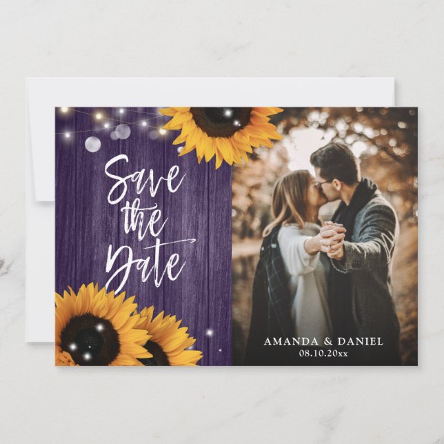 Reserva La Fecha Foto Rustic Sunflower Wood Purple Boda (Anverso)